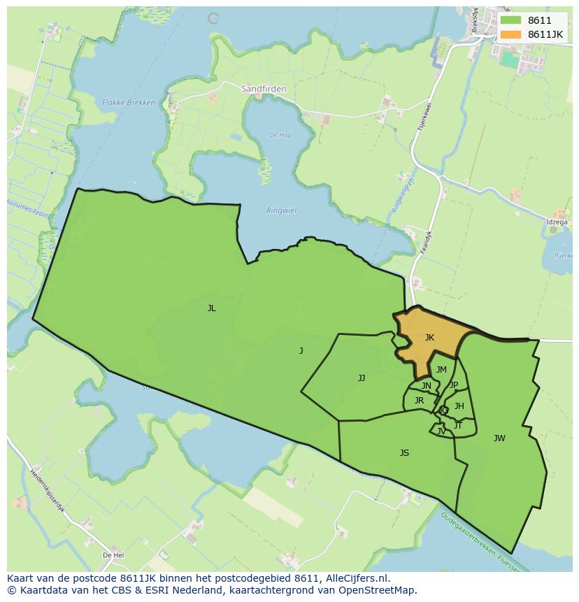 Afbeelding van het postcodegebied 8611 JK op de kaart.