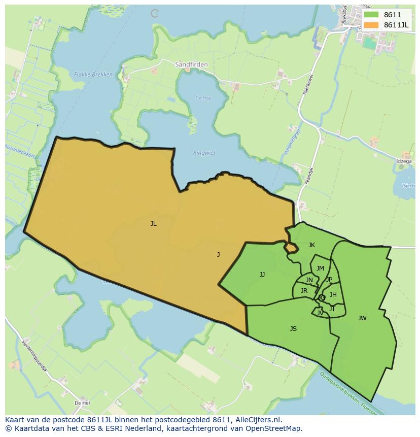 Afbeelding van het postcodegebied 8611 JL op de kaart.