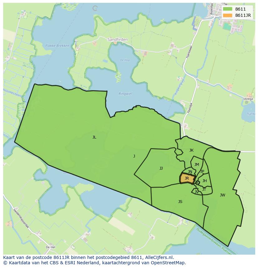 Afbeelding van het postcodegebied 8611 JR op de kaart.