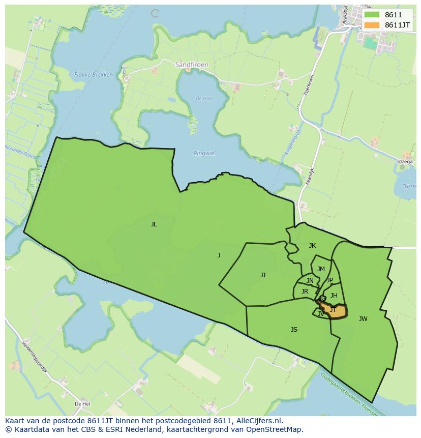 Afbeelding van het postcodegebied 8611 JT op de kaart.