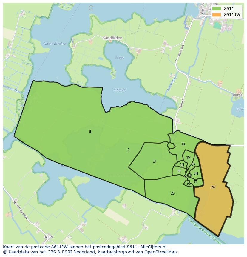 Afbeelding van het postcodegebied 8611 JW op de kaart.