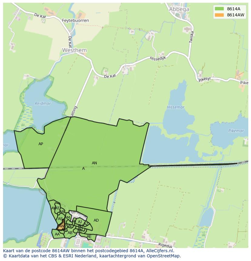 Afbeelding van het postcodegebied 8614 AW op de kaart.