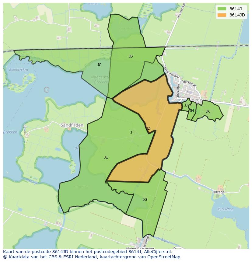 Afbeelding van het postcodegebied 8614 JD op de kaart.