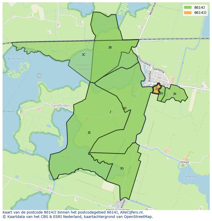 Afbeelding van het postcodegebied 8614 JJ op de kaart.