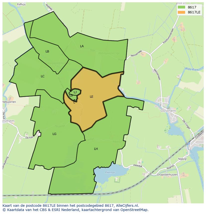 Afbeelding van het postcodegebied 8617 LE op de kaart.