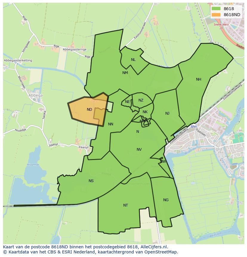 Afbeelding van het postcodegebied 8618 ND op de kaart.