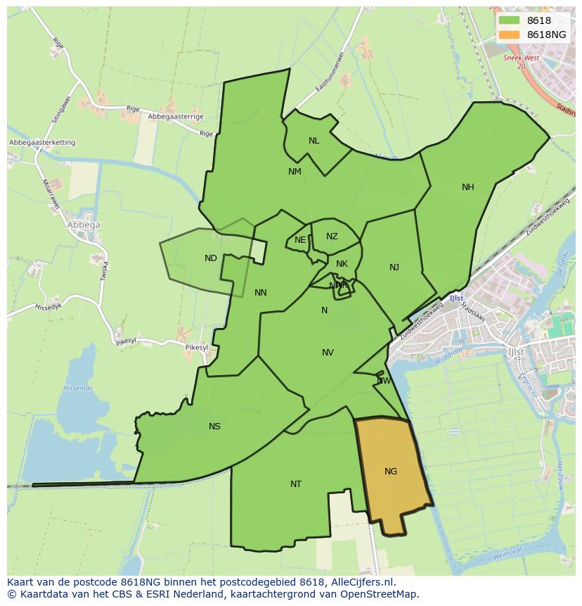 Afbeelding van het postcodegebied 8618 NG op de kaart.