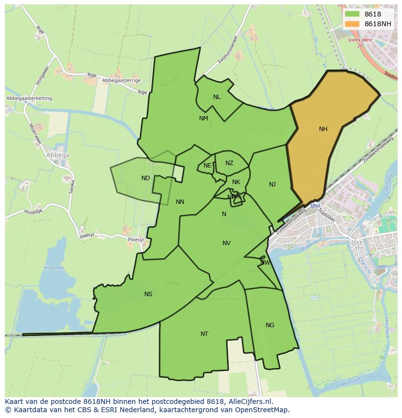 Afbeelding van het postcodegebied 8618 NH op de kaart.