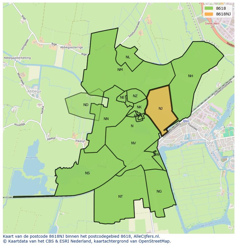 Afbeelding van het postcodegebied 8618 NJ op de kaart.