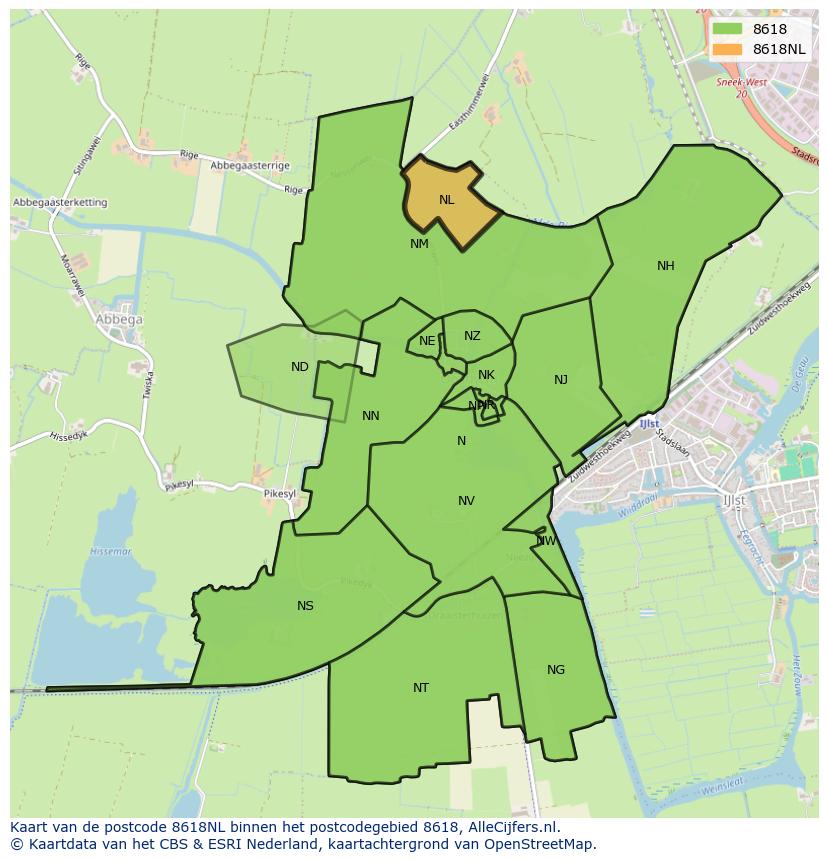 Afbeelding van het postcodegebied 8618 NL op de kaart.