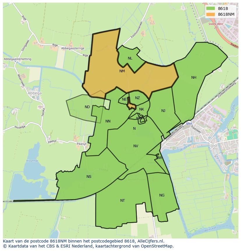 Afbeelding van het postcodegebied 8618 NM op de kaart.