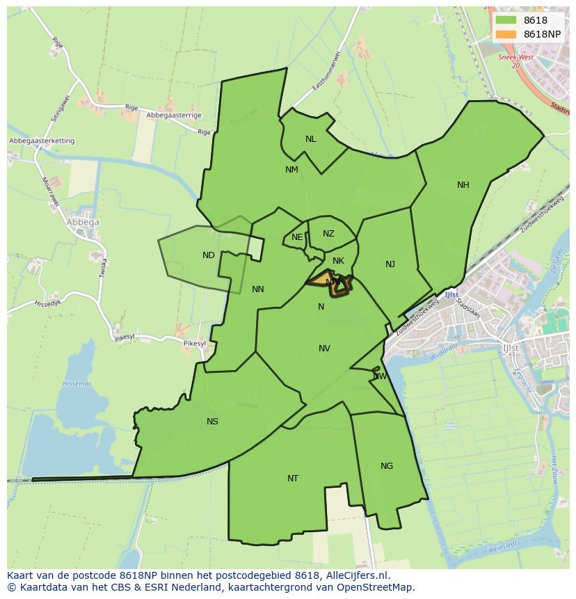 Afbeelding van het postcodegebied 8618 NP op de kaart.