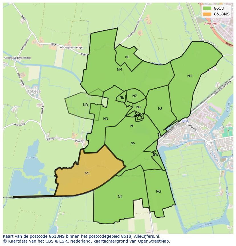 Afbeelding van het postcodegebied 8618 NS op de kaart.