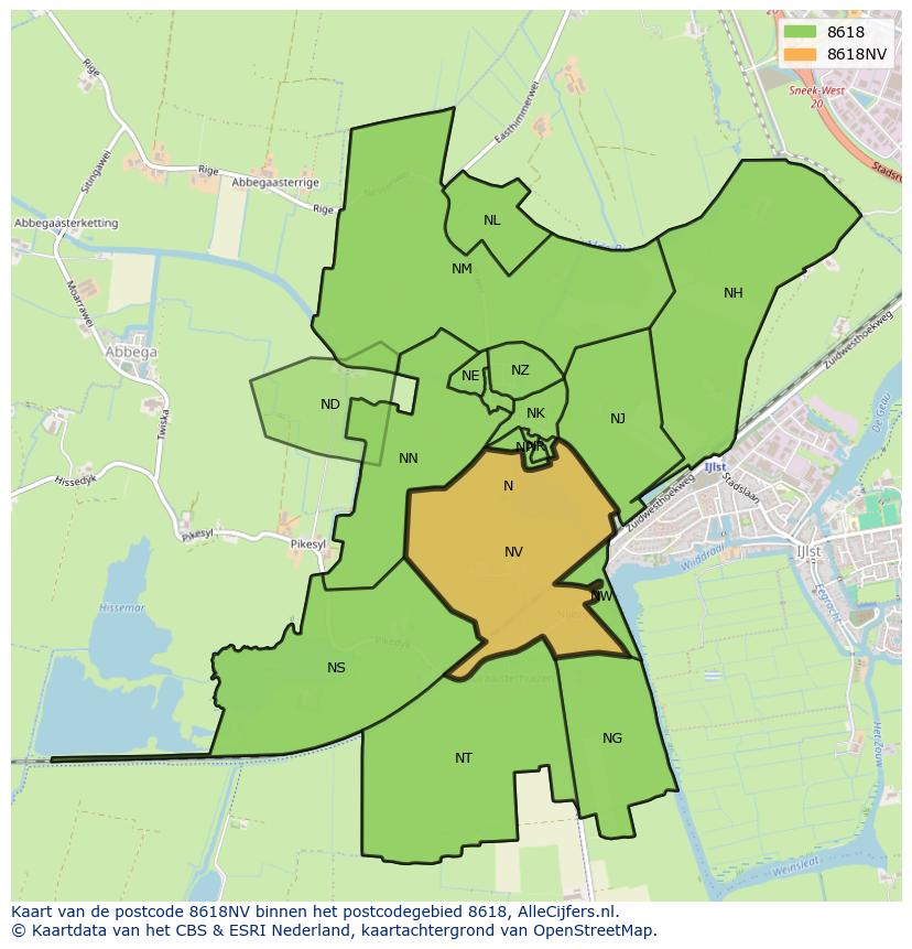 Afbeelding van het postcodegebied 8618 NV op de kaart.