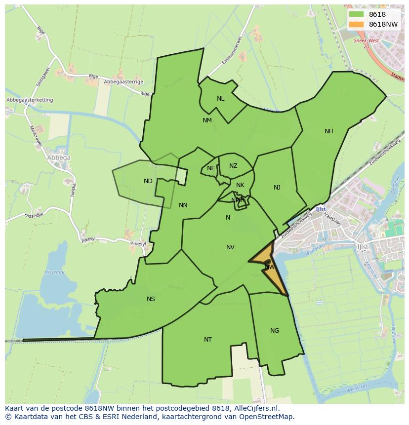 Afbeelding van het postcodegebied 8618 NW op de kaart.