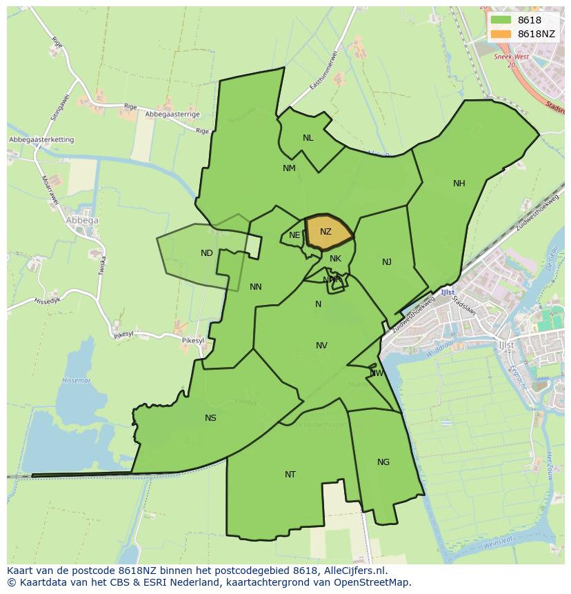 Afbeelding van het postcodegebied 8618 NZ op de kaart.