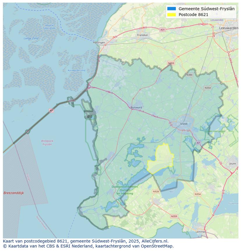 Afbeelding van het postcodegebied 8621 op de kaart.