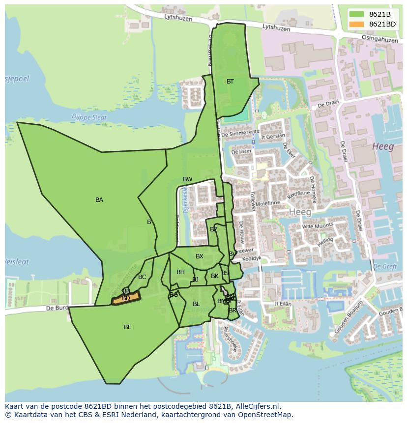 Afbeelding van het postcodegebied 8621 BD op de kaart.
