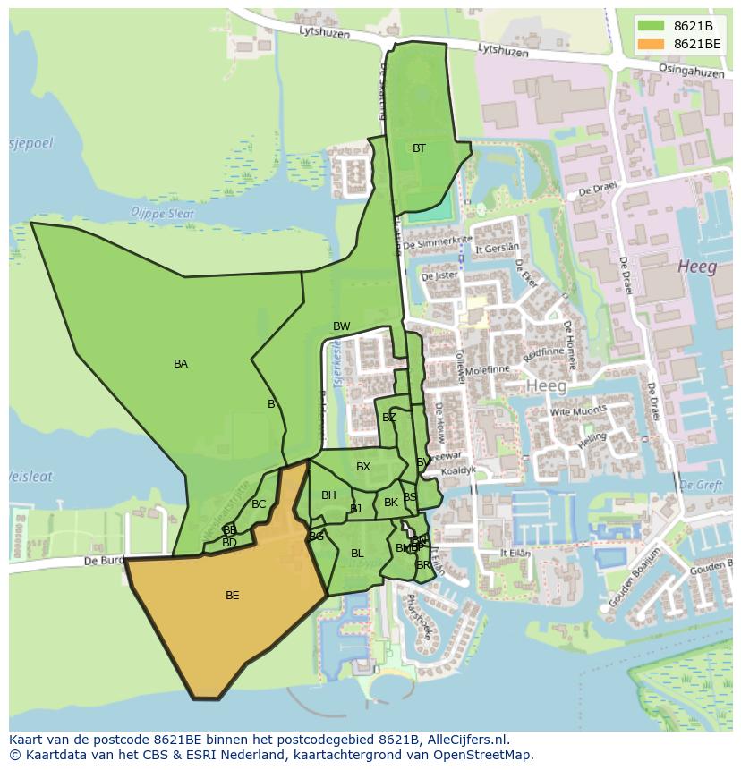 Afbeelding van het postcodegebied 8621 BE op de kaart.