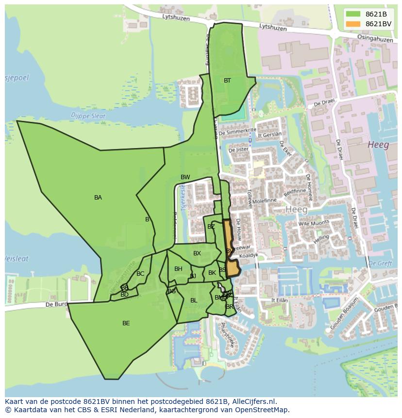 Afbeelding van het postcodegebied 8621 BV op de kaart.