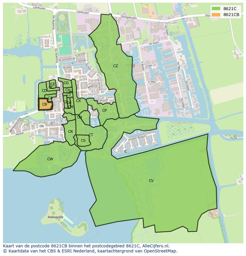 Afbeelding van het postcodegebied 8621 CB op de kaart.