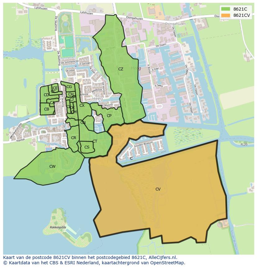 Afbeelding van het postcodegebied 8621 CV op de kaart.