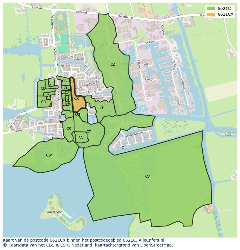 Afbeelding van het postcodegebied 8621 CX op de kaart.