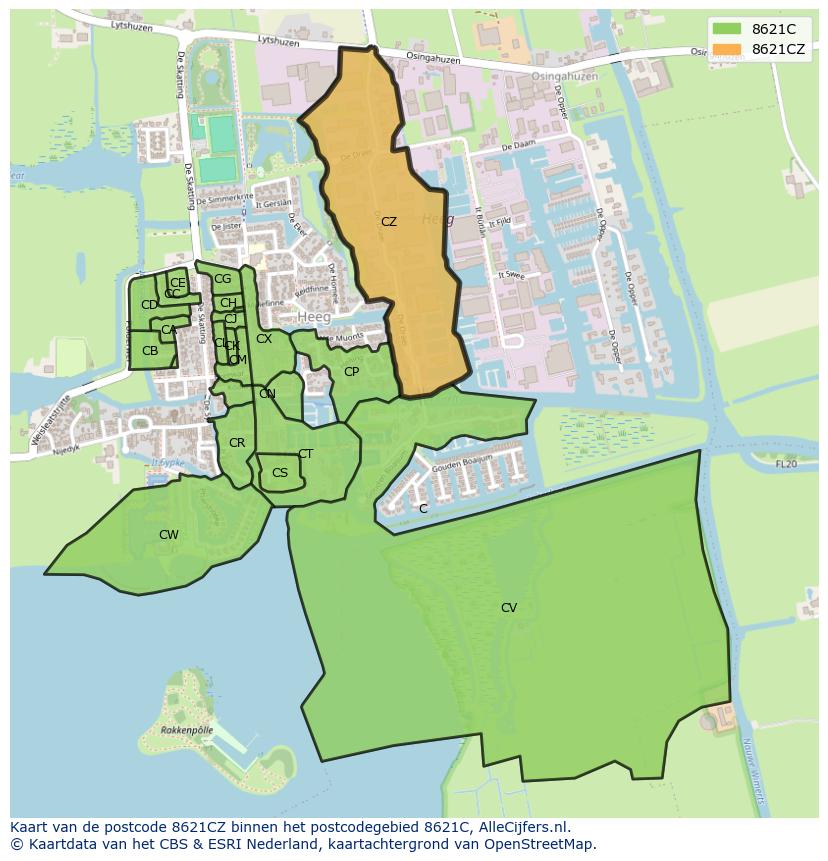 Afbeelding van het postcodegebied 8621 CZ op de kaart.