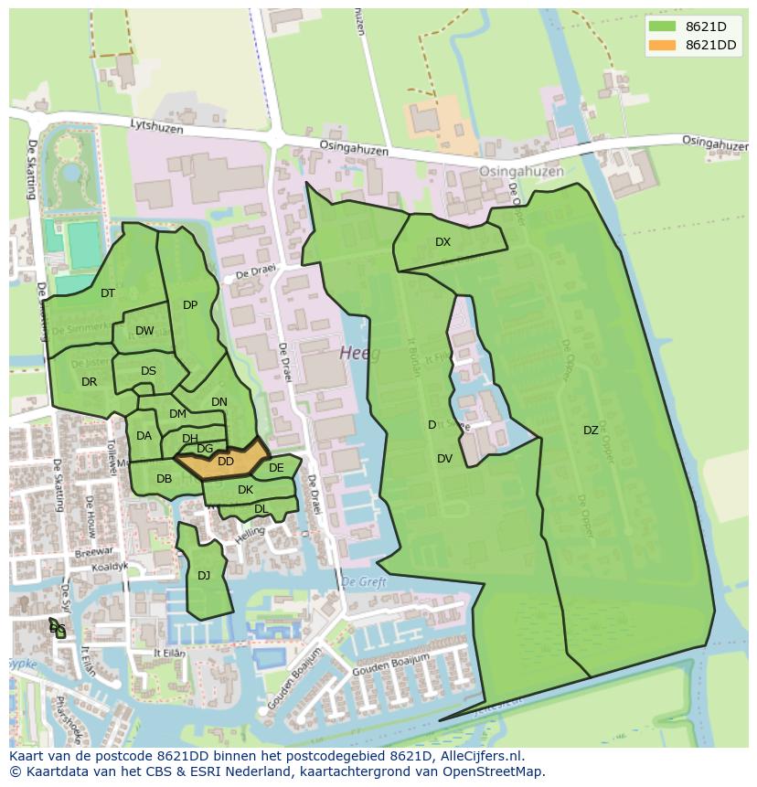 Afbeelding van het postcodegebied 8621 DD op de kaart.