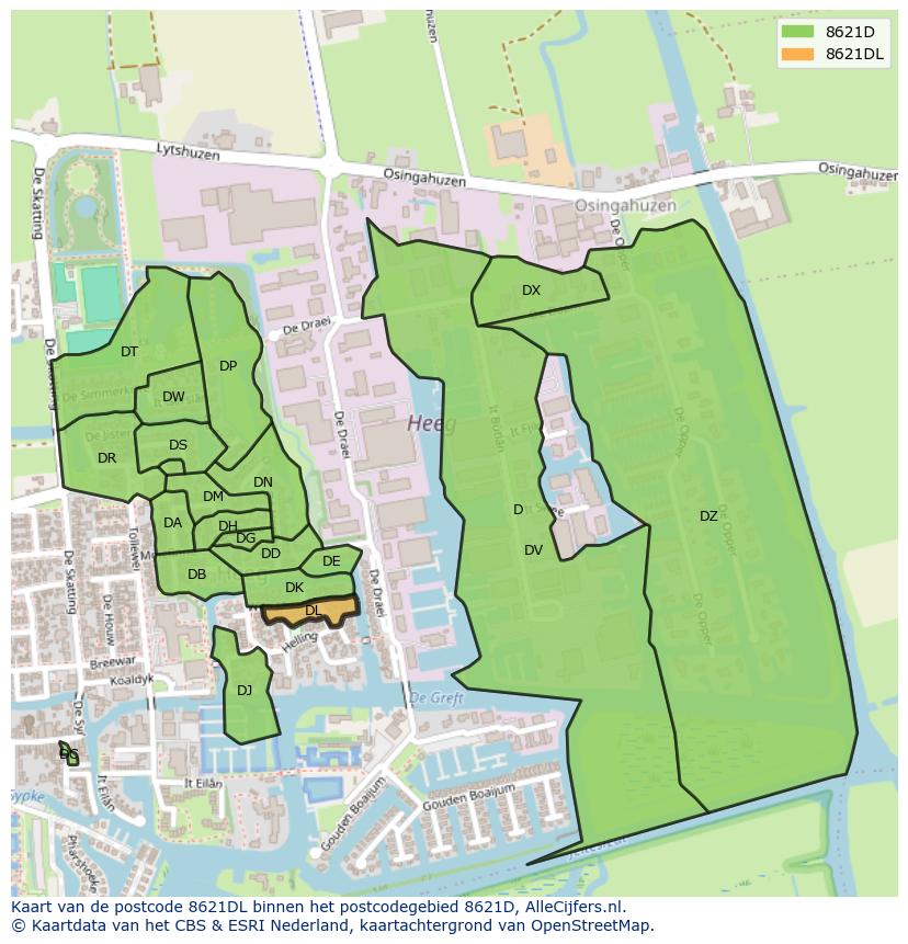 Afbeelding van het postcodegebied 8621 DL op de kaart.