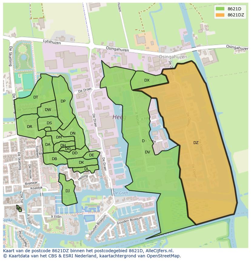 Afbeelding van het postcodegebied 8621 DZ op de kaart.