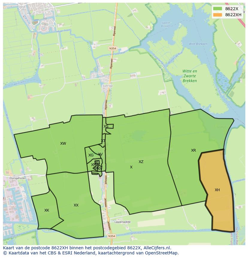 Afbeelding van het postcodegebied 8622 XH op de kaart.