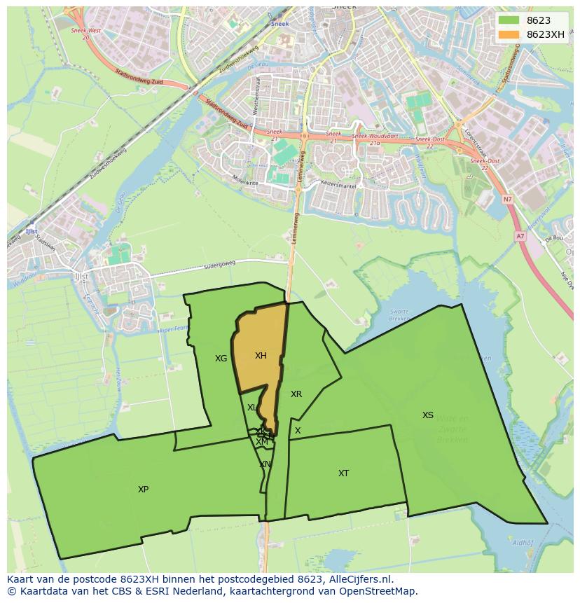 Afbeelding van het postcodegebied 8623 XH op de kaart.