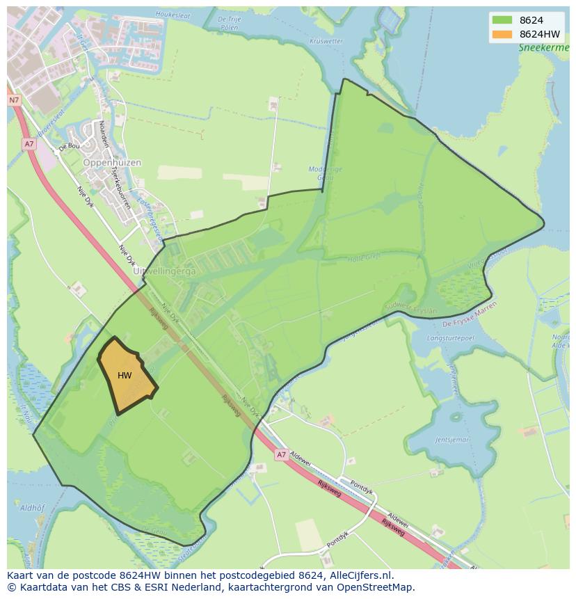Afbeelding van het postcodegebied 8624 HW op de kaart.