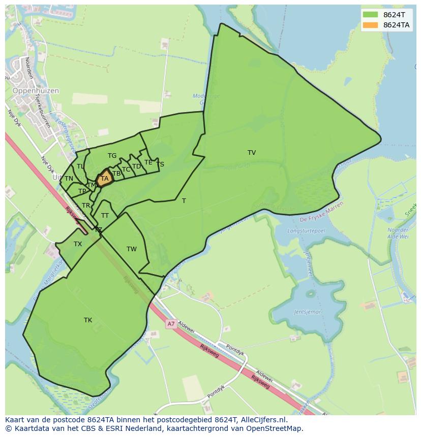 Afbeelding van het postcodegebied 8624 TA op de kaart.
