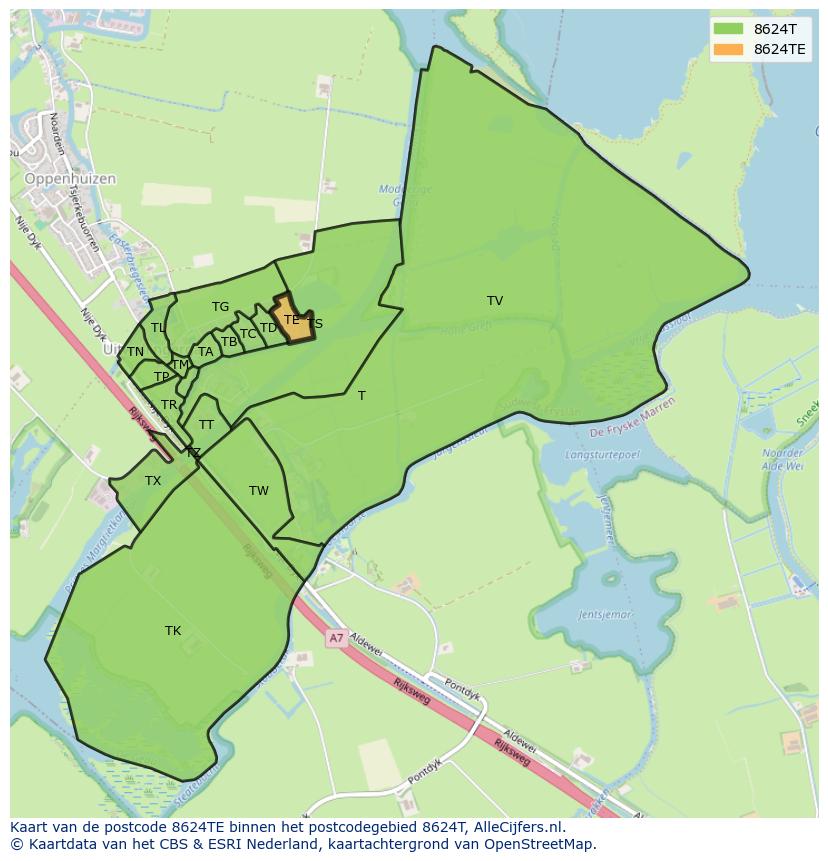 Afbeelding van het postcodegebied 8624 TE op de kaart.