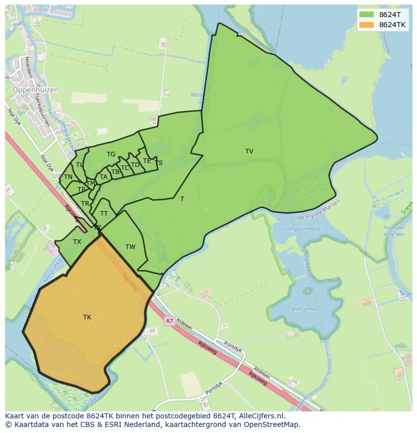 Afbeelding van het postcodegebied 8624 TK op de kaart.
