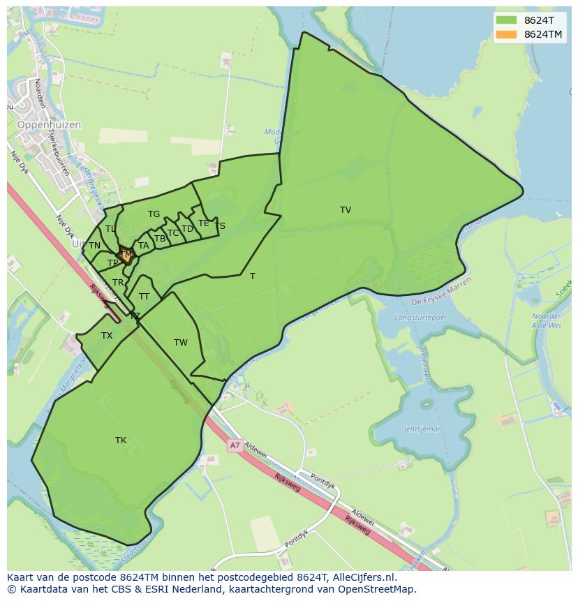 Afbeelding van het postcodegebied 8624 TM op de kaart.