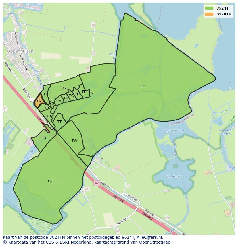 Afbeelding van het postcodegebied 8624 TN op de kaart.