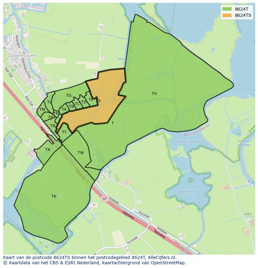 Afbeelding van het postcodegebied 8624 TS op de kaart.