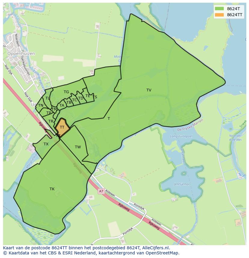 Afbeelding van het postcodegebied 8624 TT op de kaart.