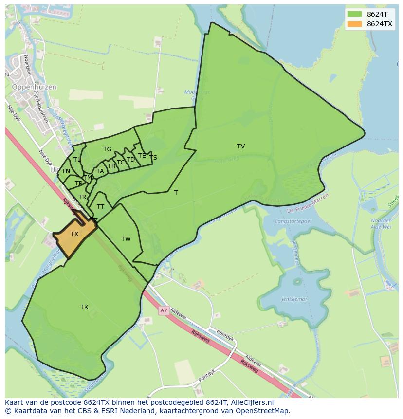 Afbeelding van het postcodegebied 8624 TX op de kaart.