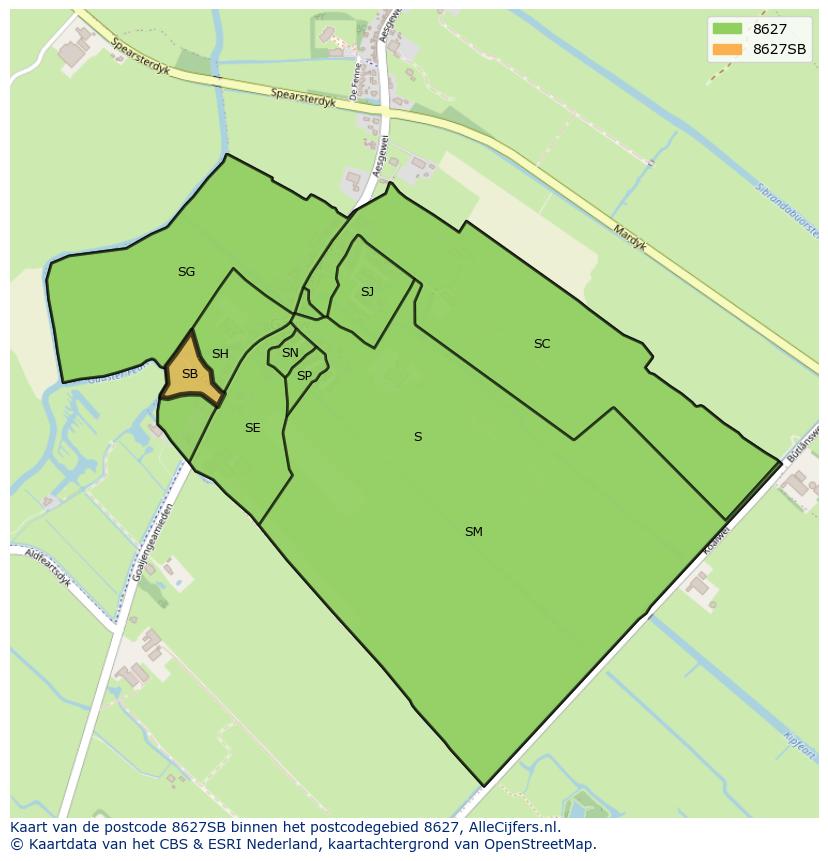 Afbeelding van het postcodegebied 8627 SB op de kaart.