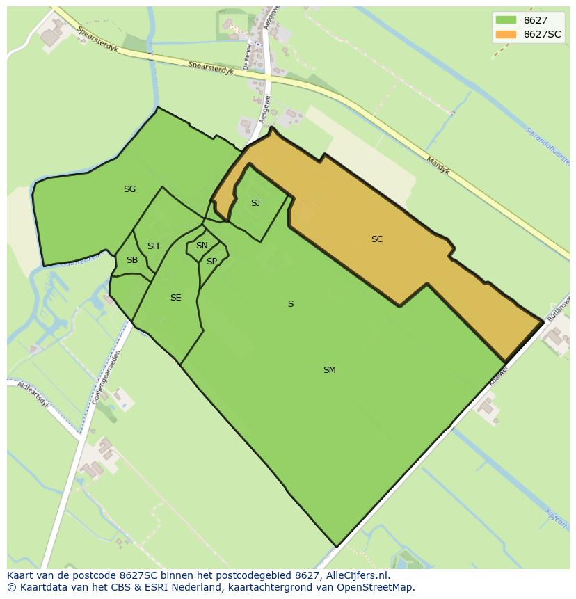 Afbeelding van het postcodegebied 8627 SC op de kaart.