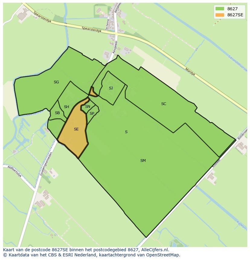 Afbeelding van het postcodegebied 8627 SE op de kaart.