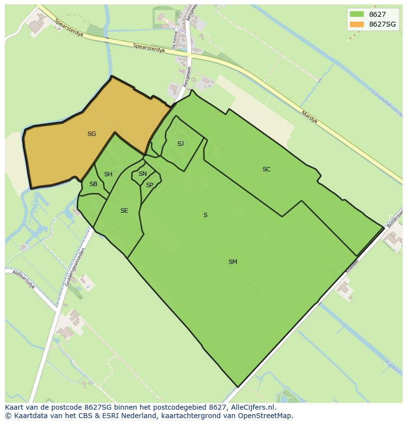 Afbeelding van het postcodegebied 8627 SG op de kaart.