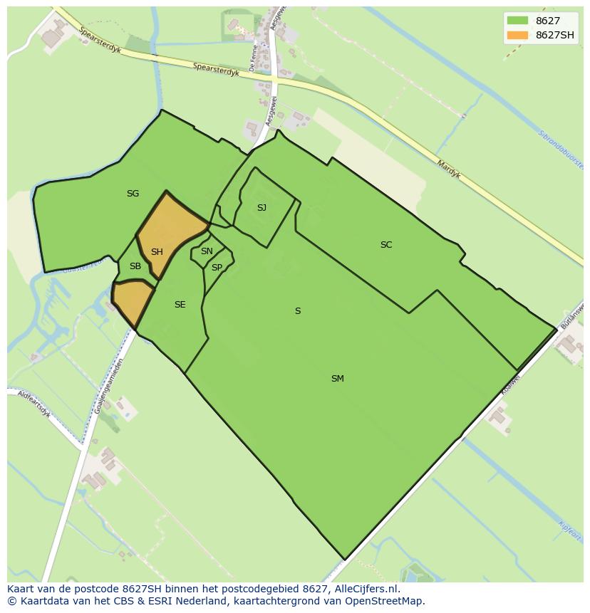 Afbeelding van het postcodegebied 8627 SH op de kaart.