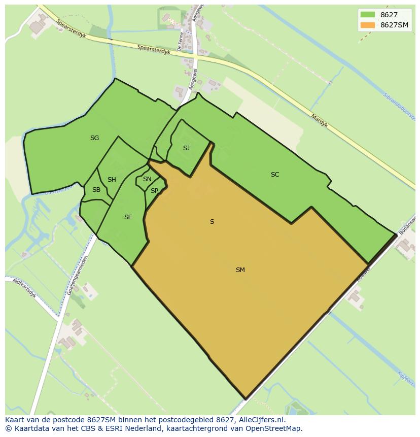Afbeelding van het postcodegebied 8627 SM op de kaart.
