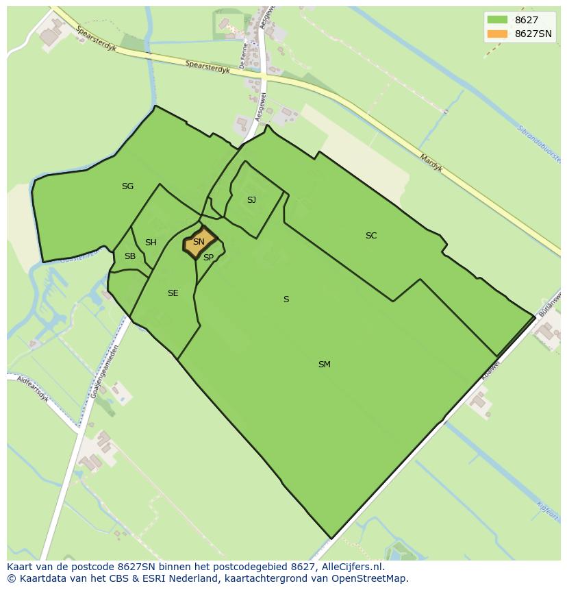 Afbeelding van het postcodegebied 8627 SN op de kaart.