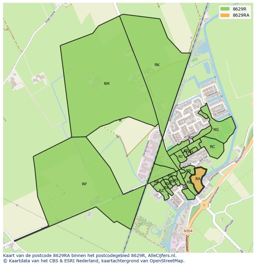 Afbeelding van het postcodegebied 8629 RA op de kaart.